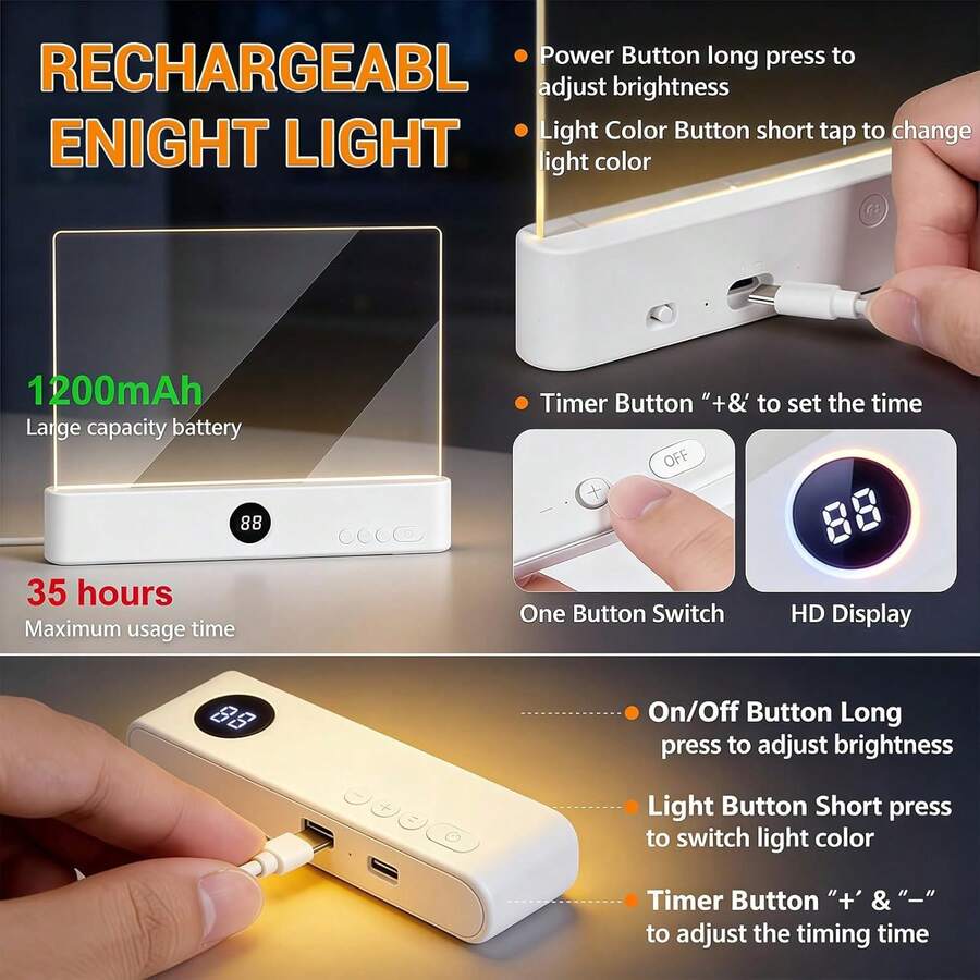 2-in-1 LED Boeklamp & Nachtlampje Oogvriendelijk Leeslicht, USB-Oplaadbaar